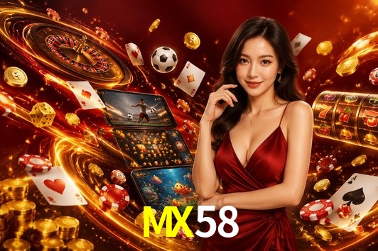 Una escena digital vívida inspirada en casino con MX58 mostrado prominentemente, luces brillantes, fichas, cartas y acentos dorados.