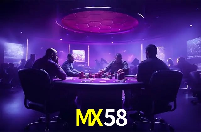 Escena dinámica inspirada en casino con iluminación MX58, cartas, fichas e íconos de juegos digitales en un espacio moderno de juegos.